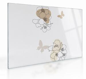 Tablou pe sticlă - Flori bej cu fluture N⁰2 (70x50 cm)