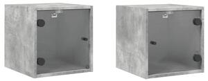 Noptiere cu uși din sticlă, 2 buc., gri beton, 35x37x35 cm