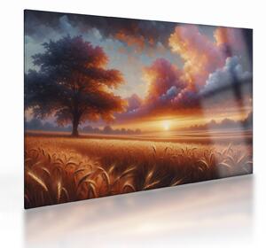 Tablou pe sticlă – Apus de soare pe câmp (70x50 cm)