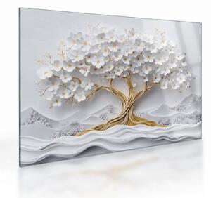 Tablou pe sticlă – Arborele vieții 3D plin de flori (70x50 cm)