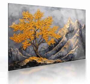 Tablou pe sticlă – Arbore auriu în munți (70x50 cm)