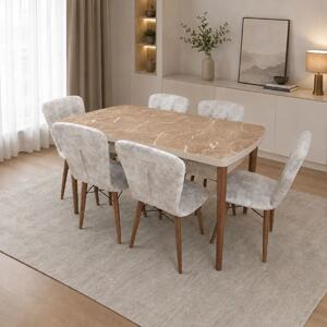 Set masa extensibila cu 6 scaune tapitate Homs marmura/bej 170 x 80 cm picioare lemn  