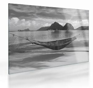 Tablou pe sticlă - Hamac pe plajă (70x50 cm)