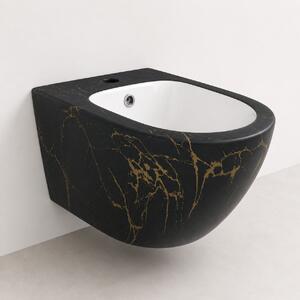 Vas Bideu Suspendat Negru Mat cu Model Marmorat Auriu, Ceramica Sanitara, Montaj pe Perete