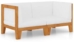 Canapea cu 2 locuri cu perne alb crem, lemn masiv de acacia