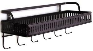 Raft metalic multifunctional Pufo Cuisine cu suport si 6 cuiere pentru condimente si ustensile de bucatarie, 44 x 16 cm, maro