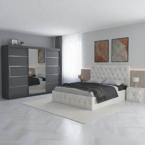 Set Mobila De Dormitor David Gri Alb 250cm, pat Eric tapitat Alb 160x200cm, dulap gri 250cm, 2 noptiere tapitate si saltea 160x200cm