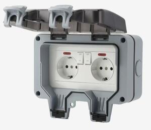 Priza dubla exterior, Model Standard European, 250V/16A, IP66, rezistenta la apa si praf, gri cu intrerupatoare individuale
