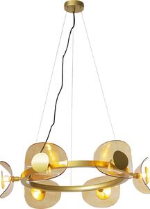 Pendul auriu de la Kare Design cu stil glamour, realizat din oțel și sticlă, cu abajur galbenă și transparentă, latime 81.2 cm și înălțime 150 cm
