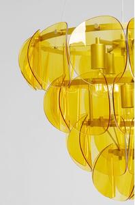 Lustra de culoare aurie, fabricat din oțel și sticlă, cu abajur galben, în stil glamour, cu o lățime de 60 cm și o înălțime de 150 cm, finisaj nichelat