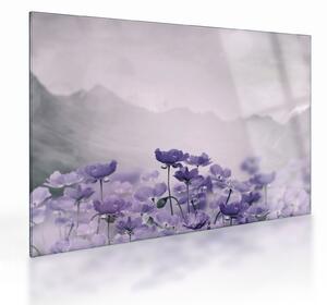Tablou pe sticlă - Flori mov în munți (70x50 cm)
