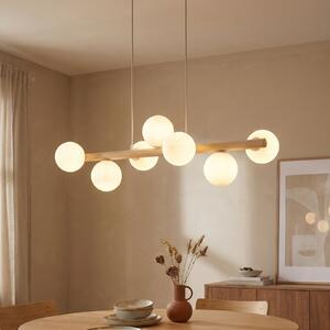 TK Lighting Lampă suspendată Estera, sticlă opală, lemn, șapte lumini, reglabil, Lemn, Camera de zi / sufragerie, Sticlă, glob