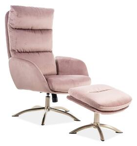 Fotoliu recliner cu taburet MONROE, roz antic/crom, stofa catifelata/m