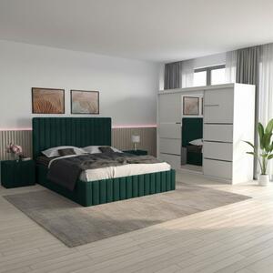 Set Mobila De Dormitor David Alb Verde, pat tapitat verde 160x200cm, dulap 250cm, 2 noptiere si saltea 160x200cm