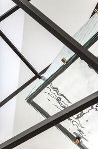 Lustra suspendata din oțel și sticlă, avangard, negru cu abajur de sticlă transparentă, 82cm lățime, 206cm înălțime, finisaj acoperit cu pulbere