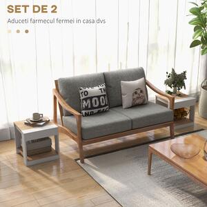 Set de 2 Masute pentru Living cu Design pe Doua Niveluri din PAL, 40x40x45cm, Alb si Stejar HOMCOM | Aosom RO
