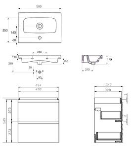 Set dulap baie suspendat 2 sertare, lavoar inclus, Cersanit Moduo Slim, 50 cm, alb Alb, 500x350 mm
