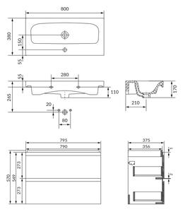Set dulap baie suspendat 2 sertare cu lavoar inclus, 80 cm, antracit mat, Cersanit Moduo Slim 800x380 mm