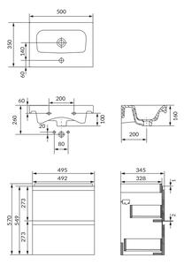 Set dulap baie suspendat 2 sertare cu lavoar inclus, 50 cm, antracit mat, Cersanit Moduo Slim 500x350 mm