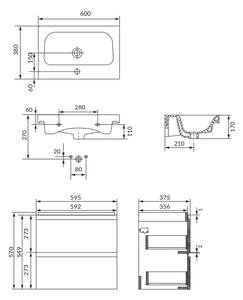 Set dulap baie suspendat 2 sertare cu lavoar inclus, 60 cm, antracit mat, Cersanit Moduo Slim 600x380 mm