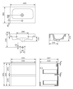 Set dulap baie suspendat 2 sertare cu lavoar inclus, 60 cm, antracit mat, Cersanit Moduo 600x450 mm