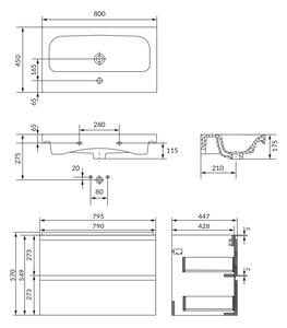 Set dulap baie suspendat 2 sertare cu lavoar inclus, 80 cm, antracit mat, Cersanit Moduo 800x450 mm