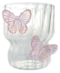 Pahar din sticlă borosilicată, cu pereți ondulați și fluturași roz, 260 ml, eCarla, SZK161