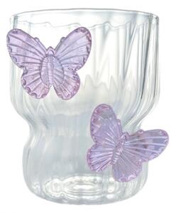 Pahar din sticlă borosilicată, cu pereți ondulați și fluturași mov, 260 ml, eCarla, SZK162