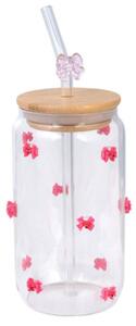 Pahar din sticlă borosilicată, cu capac din bambus, pai și fundițe, 460 ml, eCarla, SZK135