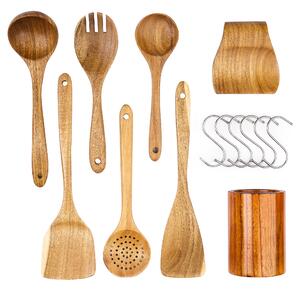Set 8 ustensile bucătărie din lemn de acacia – cu suport pe blat și suport de lingură, include 6 cârlige s – onuvio®