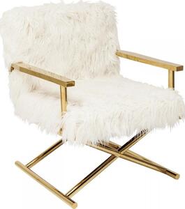Fotoliu glamour modern alb cu picioare de oțel auriu și tapiterie din material sintetic