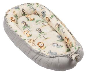 Cosulet patut bebe tip baby nest din bumbac 90x50 cm, cu doua fete Kidizi Baby Animals, bej, lavabil la masina automata