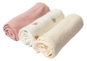 Set 3 paturici din muselina dubla moale 78x78 cm Kidizi Color Hearts, 100% bumbac