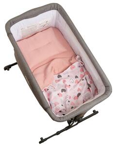 Lenjerie de vara din muselina pentru co-sleeper Kidizi Pink Hearts, include cearceaf, perna si paturica cu doua fete, bumbac 100%