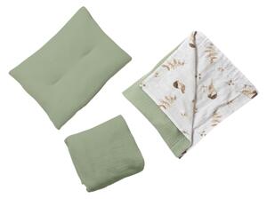 Lenjerie de vara din muselina pentru co-sleeper Kidizi Birdy, include cearceaf, perna si paturica cu doua fete, bumbac 100%