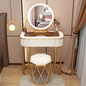 SEA77 - Set Masa toaleta, 80 cm, cosmetica, masa machiaj cu oglinda LED si scaun, masuta vanity - Alb-Auriu