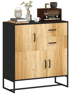 HOMCOM Bufet Modern de Depozitare cu 3 Dulapuri și 2 Sertare din Pal Melaminat și Oțel, 80x35x88 cm, Lemn Natural | Aosom Romania