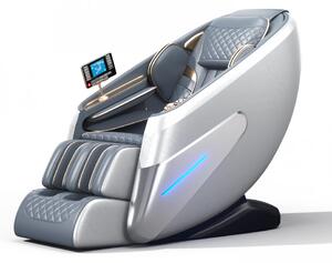 Fotoliu de masaj HADES, cu Incalzire, Bluetooth, Display, Ecran tactil, Controler rapid cotiera, Zero Gravity, 2 Boxe, Moduri Automate, Suport Picioare extensibil, Piele PU Premium, Gri