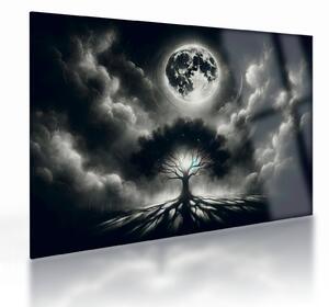 Tablou pe sticlă – Arbore alb-negru în lună plină (70x50 cm)