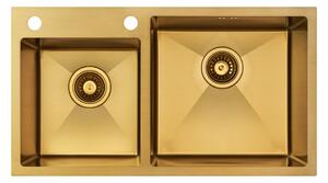 Chiuvetă Bucătărie Nano PVD Gold 78 x 43 / 18 cm + baterie + dozator Gold / Chiuveta pe dreapta