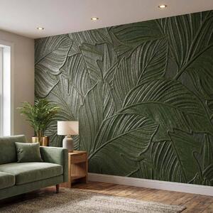 Tapet Frunze tropicale în relief, cu un contur delicat, în nuanțe de verde intens, Fototapet Textură, w09886v1 : Uwalls.ro