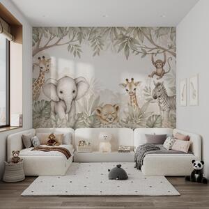 Tapet Animale de safari adorabile printre frunzișul tropical, în stil acuarelă, Fototapet Animale, w09885 : Uwalls.ro