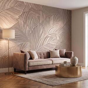 Tapet Frunze tropicale în relief, cu un model delicat, în nuanțe calde de bej, Fototapet Textură, w09886 : Uwalls.ro