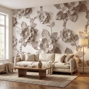 Tapet Aranjament elegant, în nuanțe de bej, compus din flori tridimensionale sculptate, Fototapet Flori, w09887v1 : Uwalls.ro