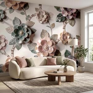 Tapet Flori ceramice tridimensionale într-o paletă de culori pastelate delicate, Fototapet Flori, w09887 : Uwalls.ro