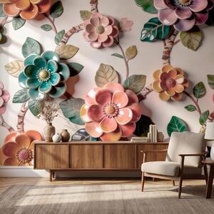 Tapet Flori și frunze ceramice tridimensionale într-o paletă de culori vibrante, Fototapet Flori, w09887v2 : Uwalls.ro