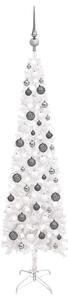 Set pom de Crăciun subțire cu LED-uri și globuri, alb, 120 cm
