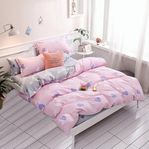Lenjerie de pat confortabilă roz, cu inimioare mov 3 părți: 1buc 160 cmx200 + 2buc 70 cmx80