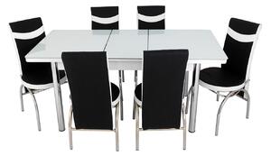 Set masă extensibilă Albă cu 6 scaune negru alb