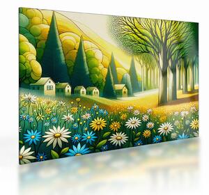 Tablou pe sticlă - Sat în galben-verde (70x50 cm)
